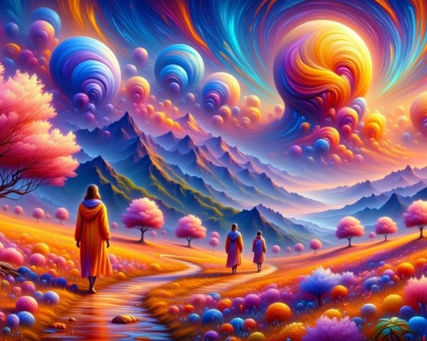 Surreal Landscape with Colorful Clouds and Figures