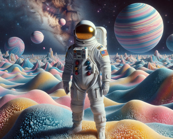 Astronaut on Vibrant Alien Planet with Colorful Landscape