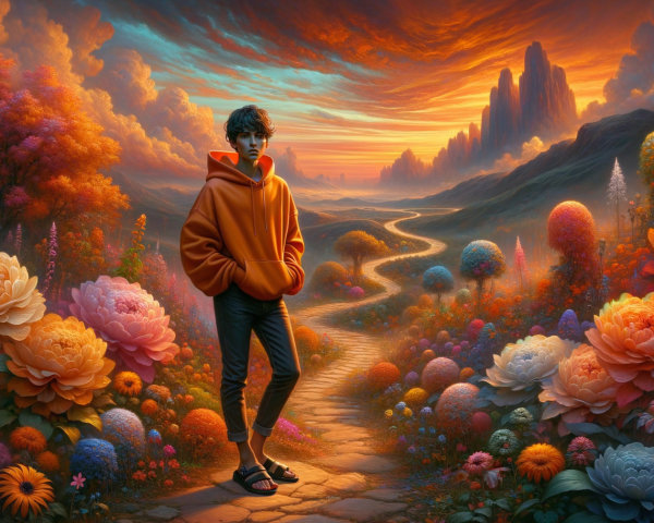 Young Person on Winding Path in Vibrant Landscape