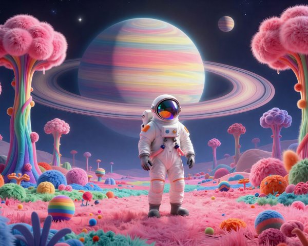Astronaut in Whimsical Alien Landscape with Pink Ground
