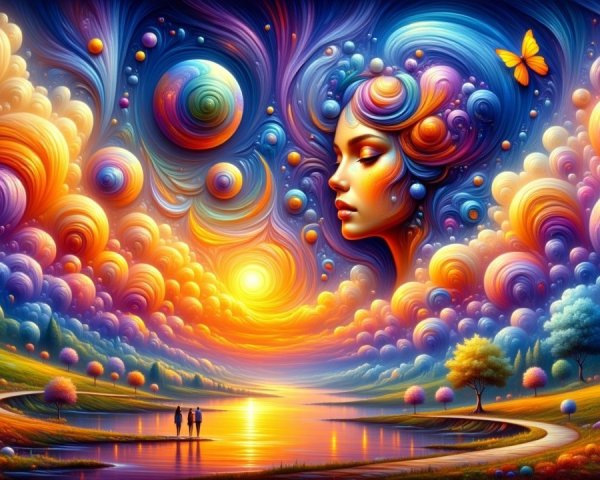 Vibrant Dreamlike Landscape with Serene River and Sunset