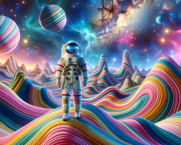 Astronaut on Colorful Striped Hills in Cosmic Landscape