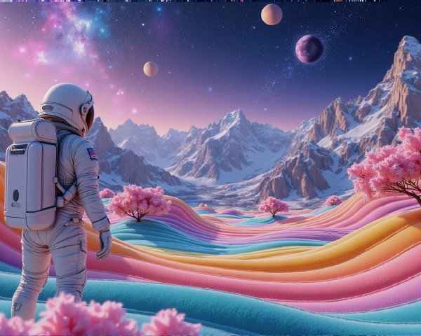 Astronaut in a Surreal Landscape with Vibrant Hills