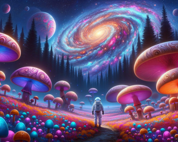 Surreal Landscape with Vibrant Mushrooms and Galaxy