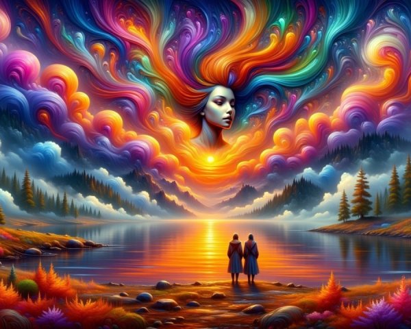 Surreal Landscape with Lake and Mystical Figure