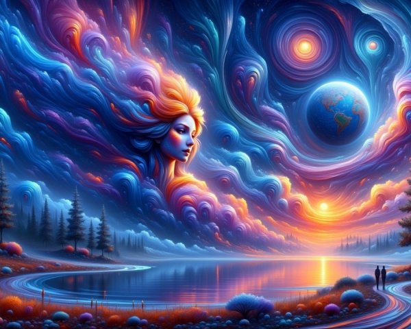 Surreal Landscape with Cosmic Elements and Reflection