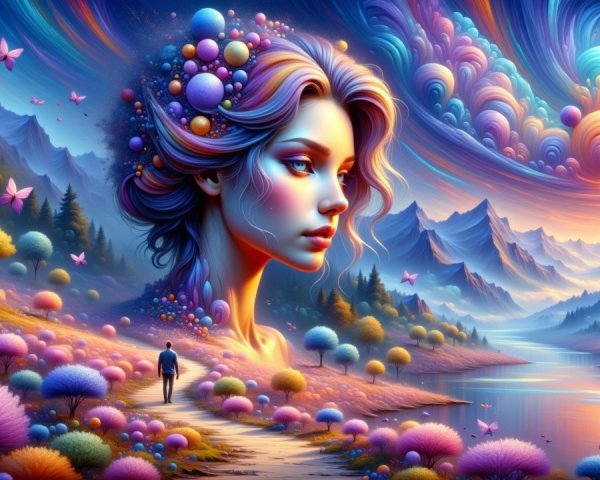 Surreal Landscape with Colorful Orbs and Mountains