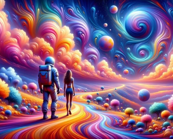 Surreal Landscape with Astronaut and Companion Walking