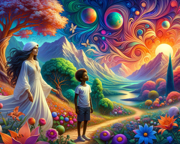 Dreamlike Landscape with Woman and Child at Sunset