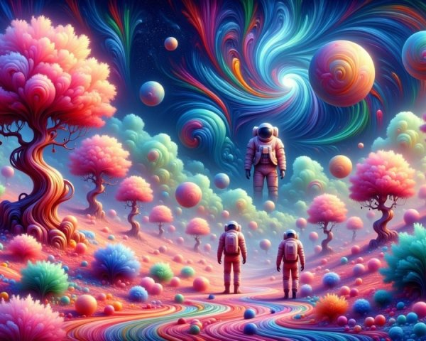 Surreal Landscape with Astronauts and Cosmic Background