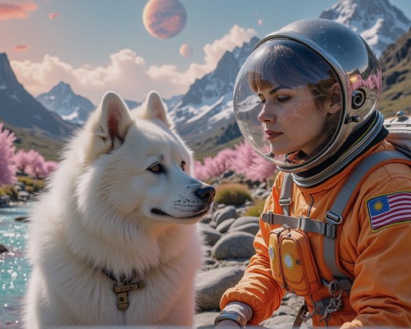 Alien Landscape with Woman, Dog, and Turquoise River