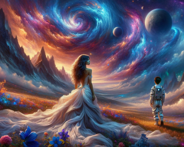 Cosmic Landscape with Mountains and Galaxy Above
