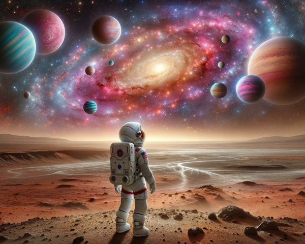 Astronaut on Mars with Colorful Galaxy and Landscape
