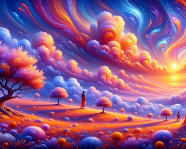 Surreal Landscape with Colorful Clouds and Figures