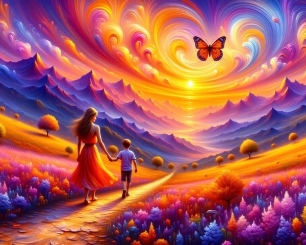 Vibrant Sunset Landscape with Woman and Child