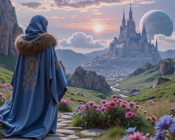 Figure in Blue Robe by Castle at Sunset with Moon