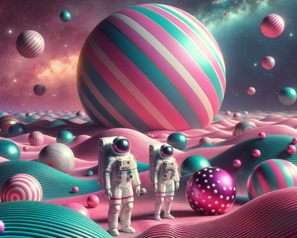 Astronauts on Colorful Alien Landscape Under Starry Sky