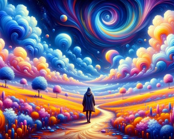 Vibrant Surreal Landscape with Cosmic Vortex and Colors