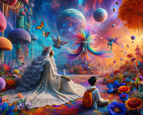 Surreal Landscape with Woman, Boy, and Ethereal Butterflies
