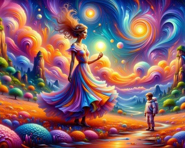 Vibrant Dreamscape with Colorful Dress and Child