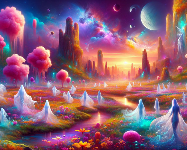 Dreamlike Landscape with Colorful Trees and Ethereal Figures