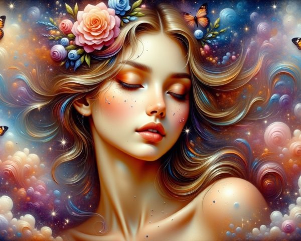 Serene Young Woman Portrait with Colorful Flowers