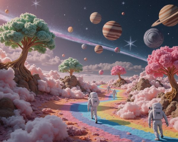 Astronauts on a rainbow path in a surreal landscape