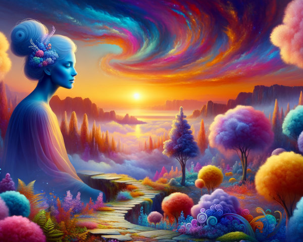 Ethereal Figure in Surreal Vibrant Landscape Scene