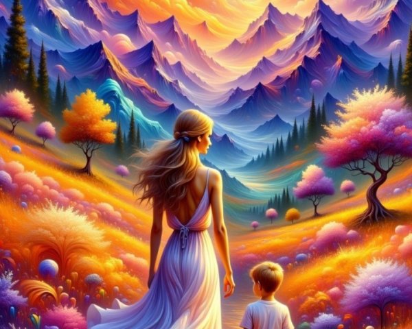 Surreal Landscape with Woman and Boy in White Dress