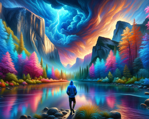 Dramatic Landscape with Mountains, River, and Stormy Sky