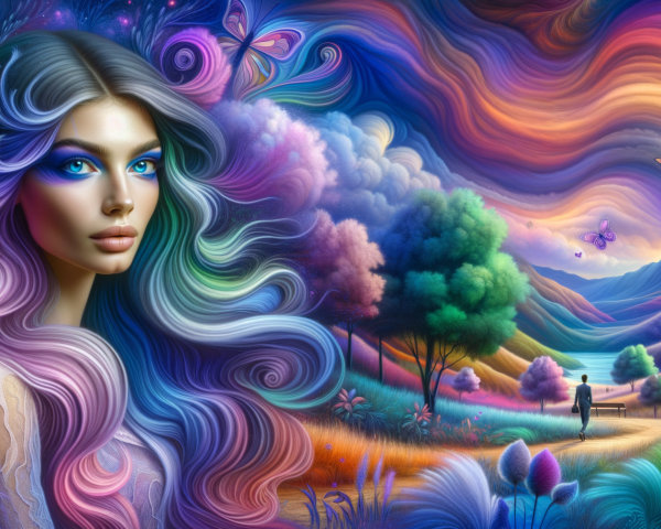 Vibrant Landscape with Multicolored Hair Figure