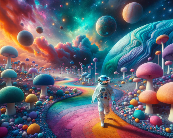 Whimsical Landscape with Oversized Mushrooms and Planets