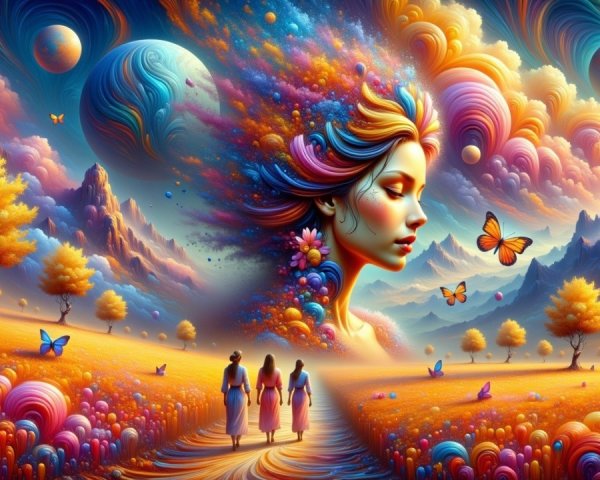 Vibrant Landscape with Serene Woman and Colorful Sky