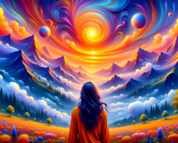 Surreal Landscape with Vivid Colors and Floating Planets