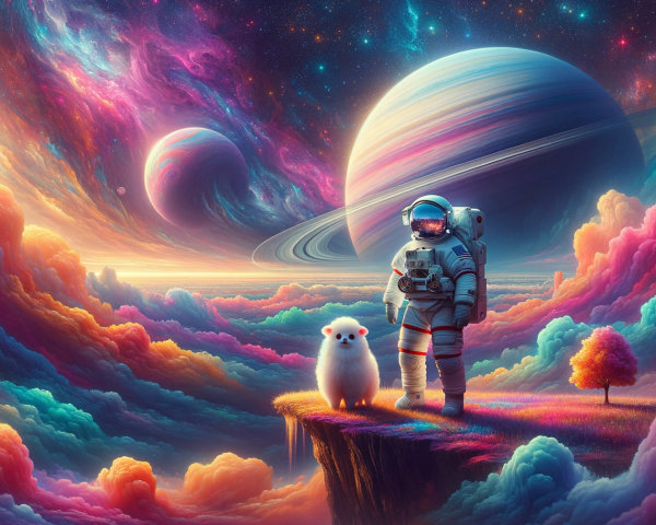 Astronaut on a Colorful Cliff in Cosmic Landscape