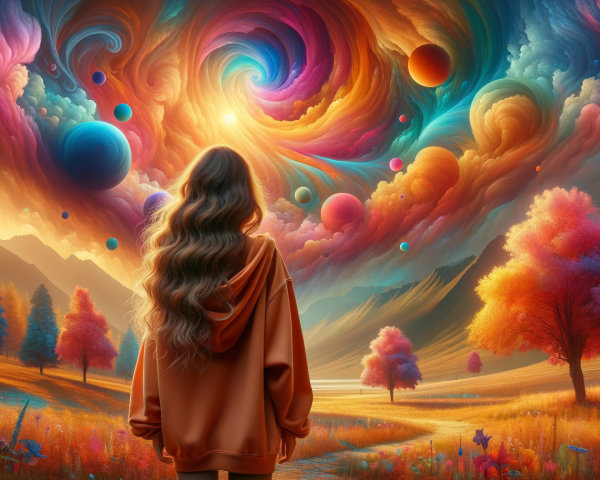 Surreal Landscape with Wavy-Haired Figure and Planets