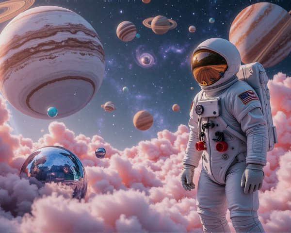 Astronaut in Surreal Cloud-Covered Cosmic Landscape