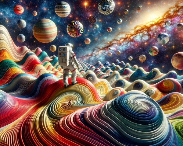 Astronaut on Colorful Cosmic Landscape with Planets