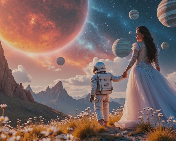 Surreal Landscape with Woman, Child, and Cosmos