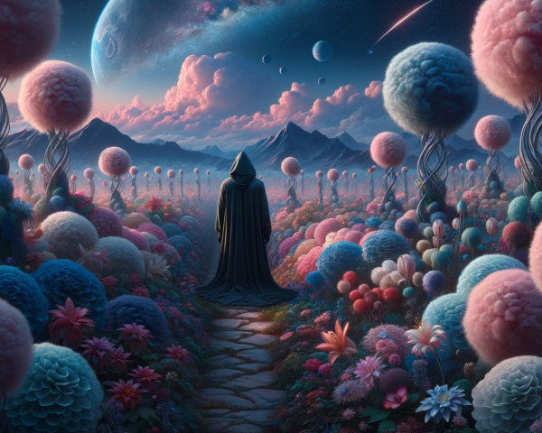 Cloaked Figure in Surreal Landscape with Whimsical Flora