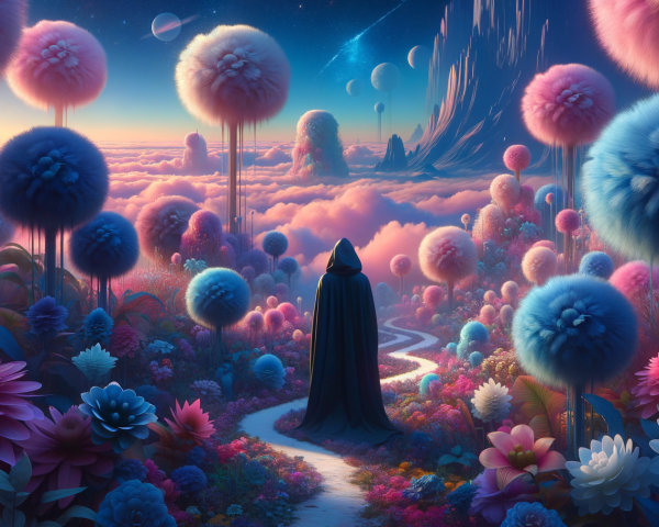 Cloaked Figure in a Dreamlike Fantastical Landscape