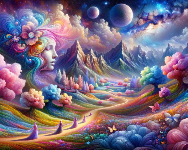 Vibrant Dreamlike Landscape with Cosmic Sky Elements