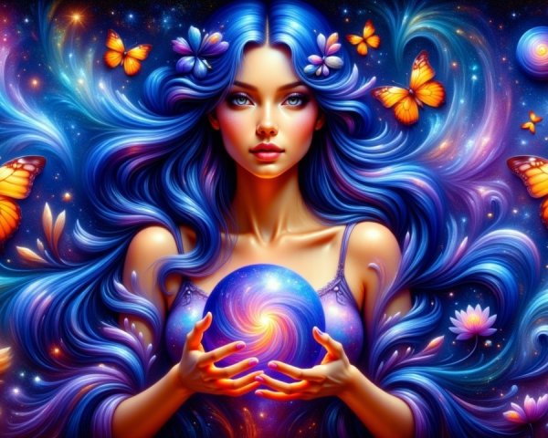 Woman with Blue Hair and Glowing Orb in Cosmic Scene