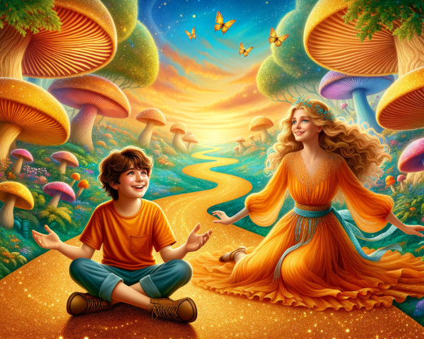 Joyful boy and ethereal woman in enchanted landscape