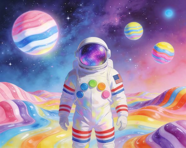 Astronaut on a Colorful, Striped Planet Surface