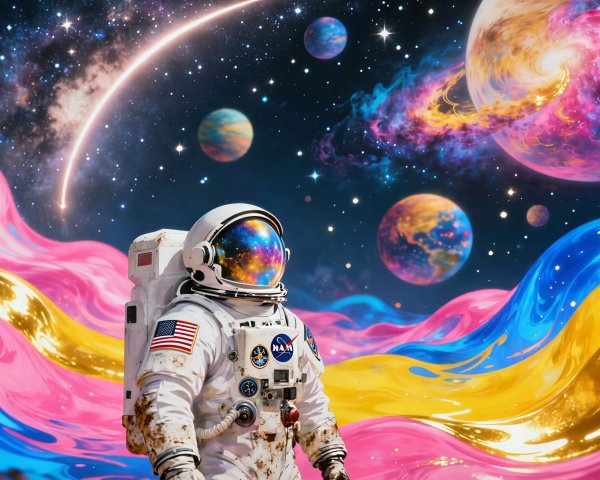 Astronaut on Colorful Liquid Surface with Nebula Background