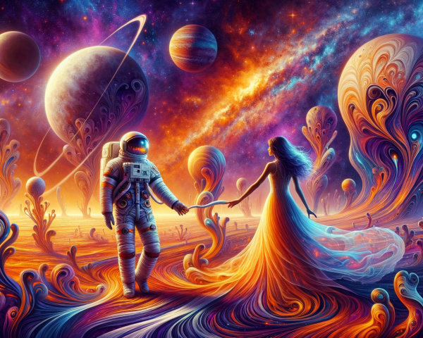 Astronaut and Ethereal Figure in Cosmic Landscape