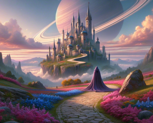 Majestic castle on a floating island with vibrant flowers