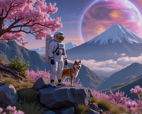 Astronaut and Shiba Inu in a Cosmic Landscape