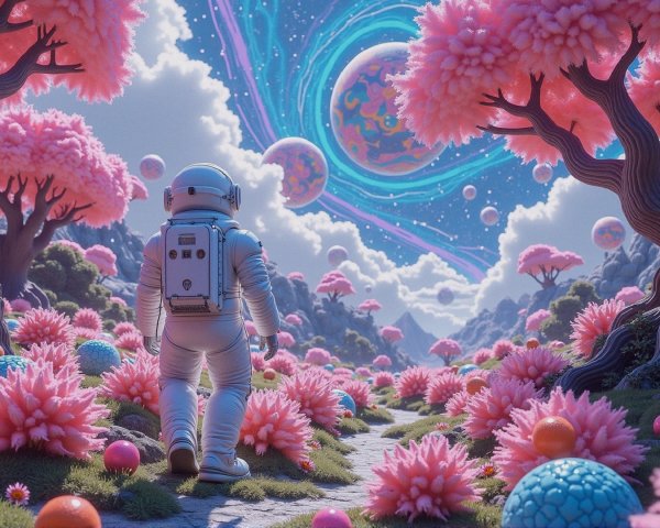 Astronaut in a Surreal, Colorful Alien Landscape